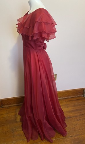 VTG 70s JC Penny Organza Chiffon Prom Dress Disco Bridesmaid Cranberry Small - Picture 3 of 8