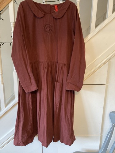 EWA I WALLA MAROON COTTON MIDI DRESS Medium, POCKETS, EMBROIDERY, COLLAR - Picture 3 of 13