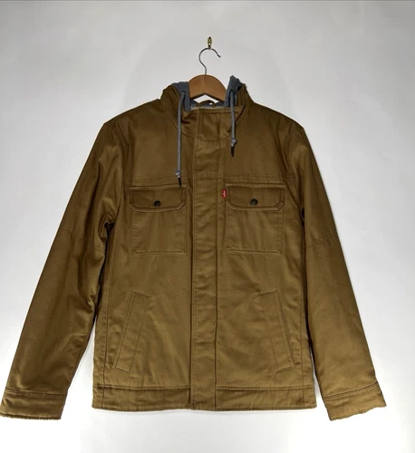 Levi's Men's Cotton Canvas Hooded Military Jacket Brown Sherpa Lined Size S NWOT - product listing photo
