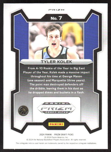 256H 2024 Panini Prizm Draft Picks #7 Tyler Kolek Prizms Purple Wave - Picture 2 of 2