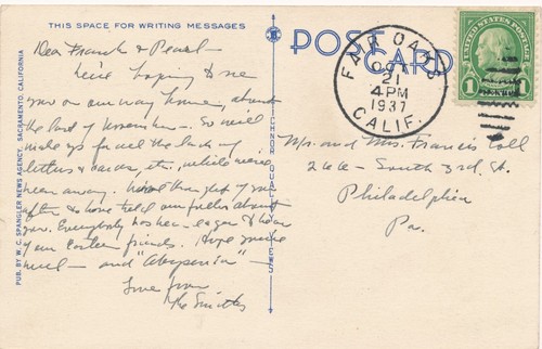 FAIR OAKS CALIF. OVATE BARRED DUPLEX CANCEL. 1937. BEAUTIFUL STRIKE. ON PC. - Picture 2 of 3