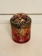 Beautiful Hand Painted Cranberry Enamel & Gilt Art Glass Jeweled Moser Jar Box