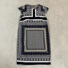 MNG Basic | Navy Blue & White Short Cap Sleeve Printed Sheath Dress XS