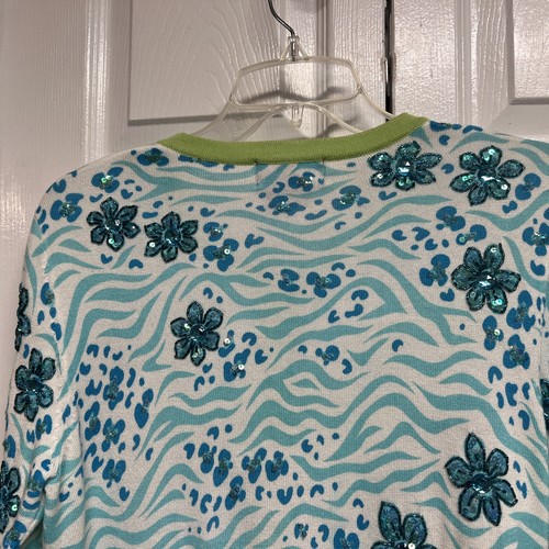 BEREK TAKAKO SAKON Turq Blue Green Floral Embellished CARDIGAN SWEATER M - Picture 12 of 14