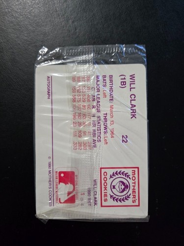 WILL CLARK 1990 MOTHER'S COOKIES BASEBALL CARD #1 SAN FRANCISCO GIANTS - Picture 2 of 2