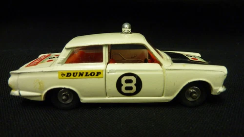 VTG DINKY TOYS FORD CORTINA RALLY CAR 212 MECCANO LTD WHITE BLACK STICKERS 4"