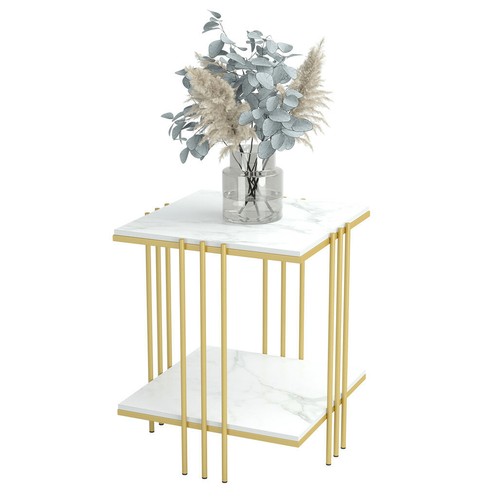 Double Tier Marble Sofa End Table Bedside Tables Storage Nesting Table Furniture - Picture 9 of 12