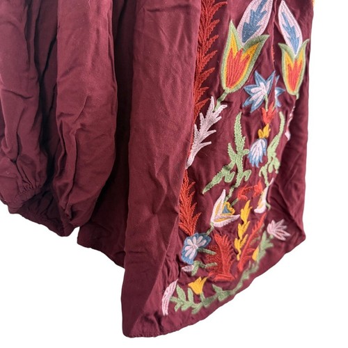 Solitare Womens Embroidered Off The Shoulder Burgundy Top Boho Shirt sz XL - Picture 2 of 16