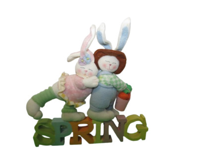 Plush Easter Bunnies Standing On Wood Spring Word 13'' x 13'' Plush Boy Girl