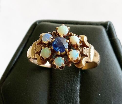 Antique Victorian 10k Ring With Opals & Blue Stone