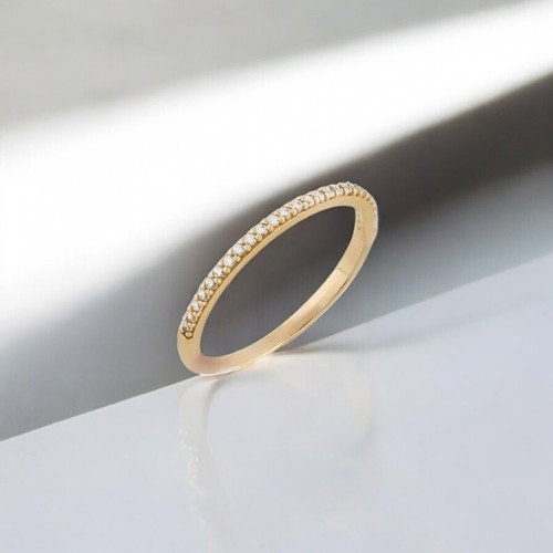 14k Solid Gold Micro Pave Diamond Wedding Band, Half Eternity Diamond Band Ring - Picture 3 of 5