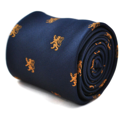 Frederick Thomas Designer Mens Tie - Dark Navy Blue - Embroidered Scottish Lion - Picture 1 of 4