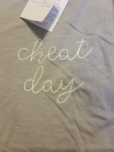 Ever Ellis Tank gray racer back Medium white embroidered Cheat Day workout top - Picture 2 of 5