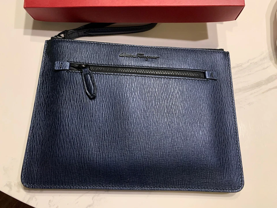 New Auth Salvatore Ferragamo Unisex Zip Blue Leather Document Holder Clutch $850 - Image 2 of 4