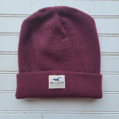 Hollister Beanie Hat Cap Red White Knit Cuffed Adult Mens Stretch