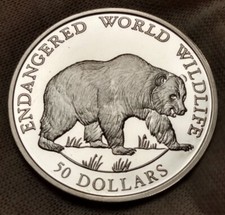 1990-PM Cook Islands $50 Silver Proof - Endangered World Wildlife - Grizzly Bear