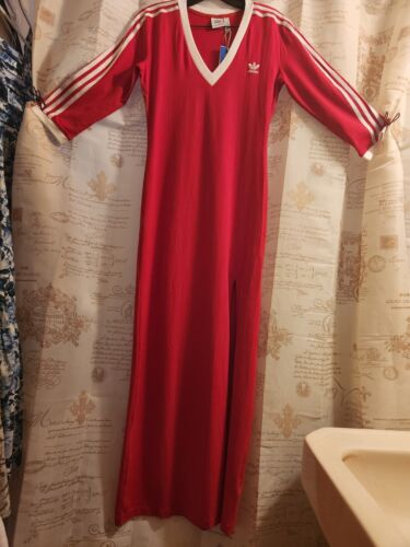 adidas originals Adicolor 3-Stripes Maxi Dress Red V Neck Sz L BNWT - Picture 5 of 19