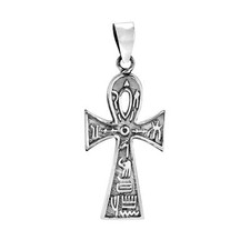 Ankh Cross Pendant Sterling Silver with Hieroglyphic Detailing