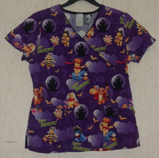 EXCELLENT WOMENS Disney Pooh "HAPPY HAUNTING" PURPLE HALLOWEEN SCRUBS TOP SIZE S