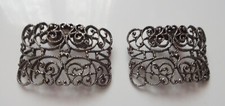 Antique MUSI Pair Silver Tone Metal Shoe Buckles Vintage Rectangle Filigree Clip