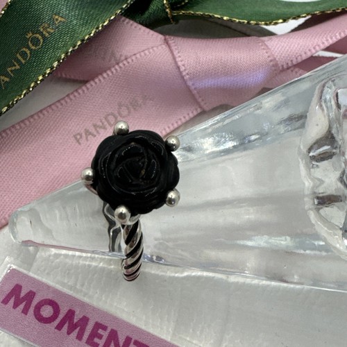 Anillo Pandora Plata Negro Ónix Rosa Flor Torcida Banda #190843 Talla 54 Genuino - Imagen 2 de 14