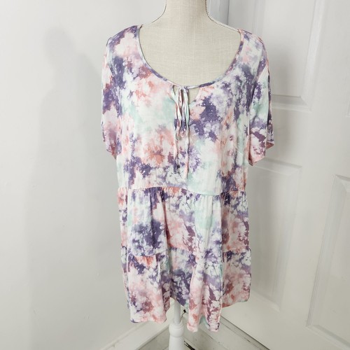 Torrid Top Womens 1 Purple Tie Dye Lenny Tie Front Tiered Babydoll Festival NWT - Picture 13 of 13