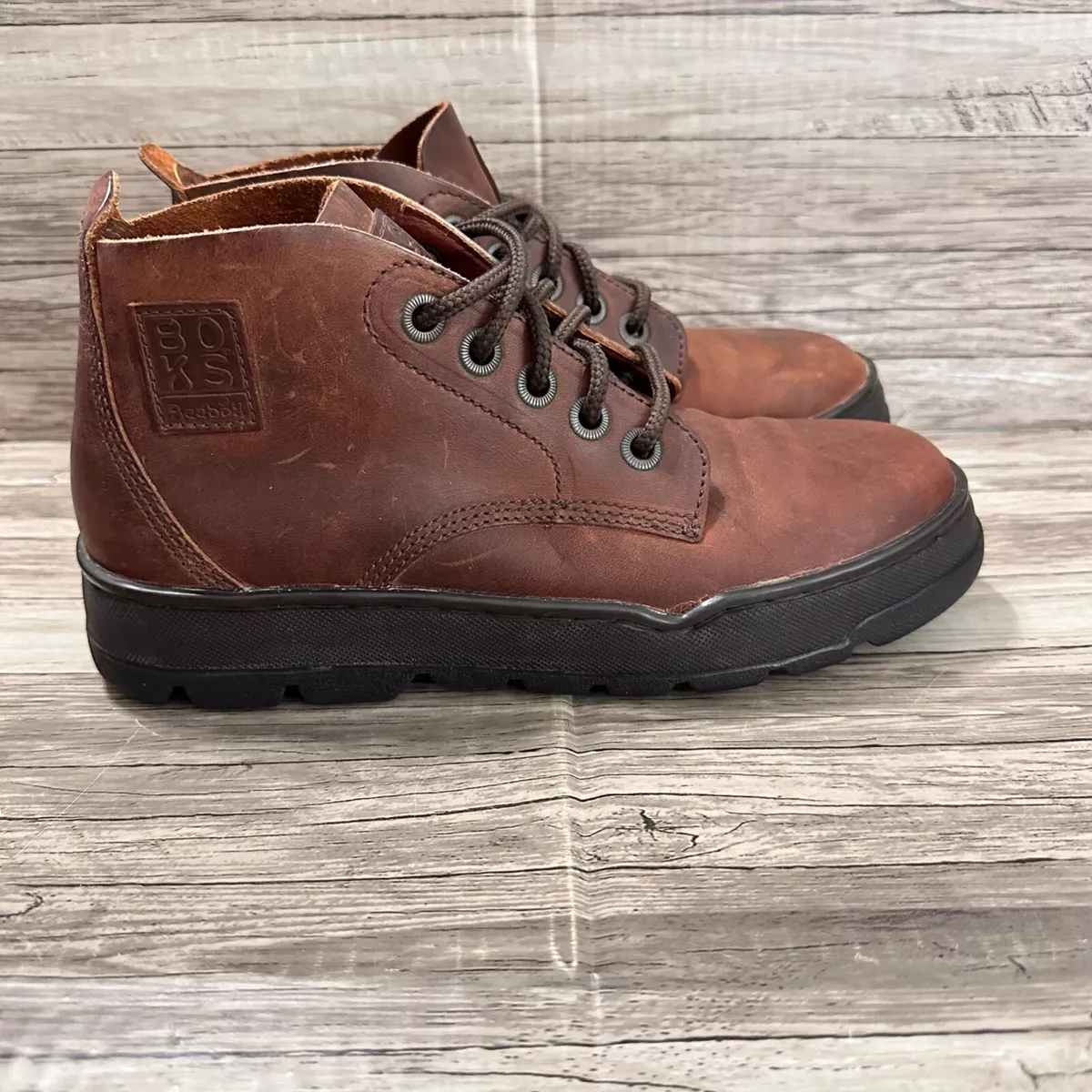 Vintage Boks Reebok Ankle Boots Mens Size 6.5 Brown Leather Mid Lace Up Shoes