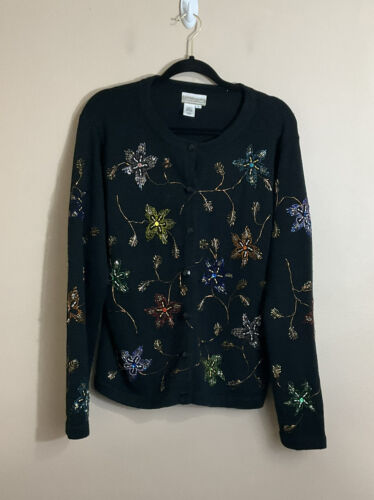 Vintage Damen-Cardigan mit Perlenblumenmuster Größe Small schwarz Glam Urlaub Party Neu in Neujahr Oma