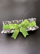 Wedding Bridal Garter Black And White Damask With Lime Green, Handmade New