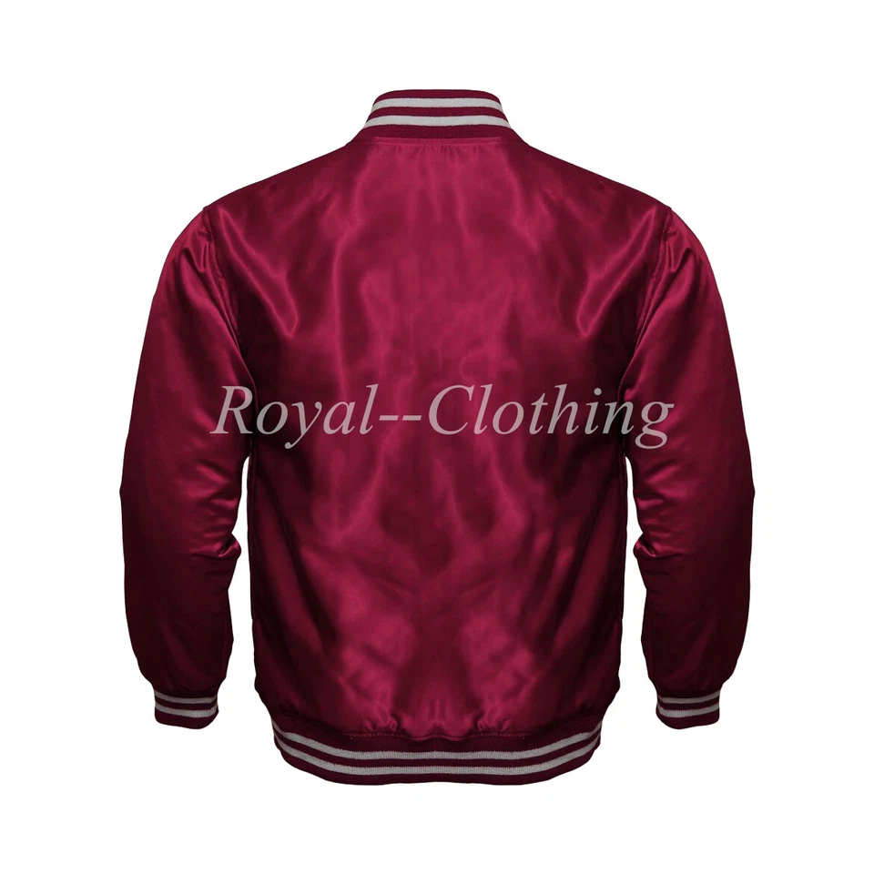 New Men's Varsity Letterman baseball Maroon Bomber Style All Satin Jacket XS~7XL - Image 2 of 3