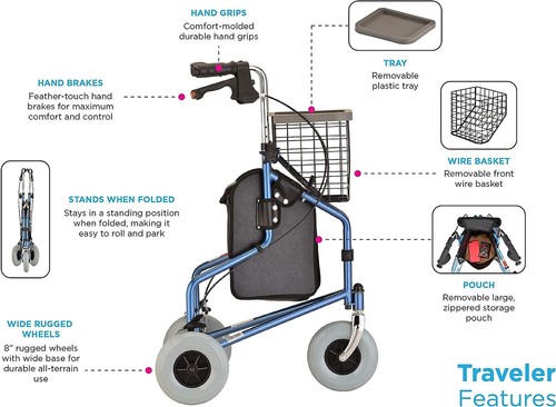 NOVA Traveler 3-Wheel Rollator Walker, All Terrain 8” Wheels BLUE - OPEN BOX - Picture 7 of 9