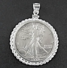 Coin Pendant 90% Silver Walking Liberty Half Dollar Sterling Silver Rope Bezel