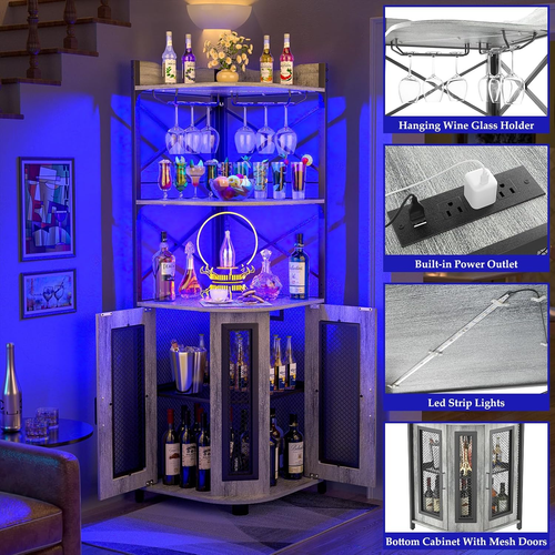 Corner Bar Cabinet with Power Outlet, Industrial Wine Cabinet with LED Strip and - Picture 4 of 12