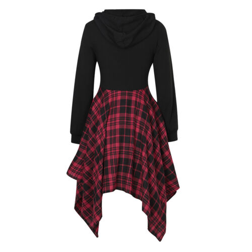 Women Plaid Irregular Hollow Hooded Midi Dress Ladies Long Sleeve Party Gowns - Picture 7 of 15