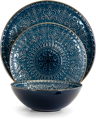 round Stoneware Embossed Dinnerware Dish Set, 16 Piece, Sea Blue with Brown Trim - Picture 2 of 10