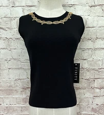 FINITY Womens S Sweater Top Black Sleeveless Shell Stretch Knit Beaded Neckline