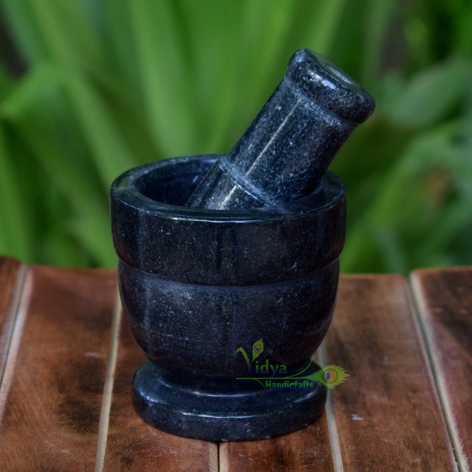 Marble Mortar And Pestle Black Stone Pestal Set To Grind Food Made In India