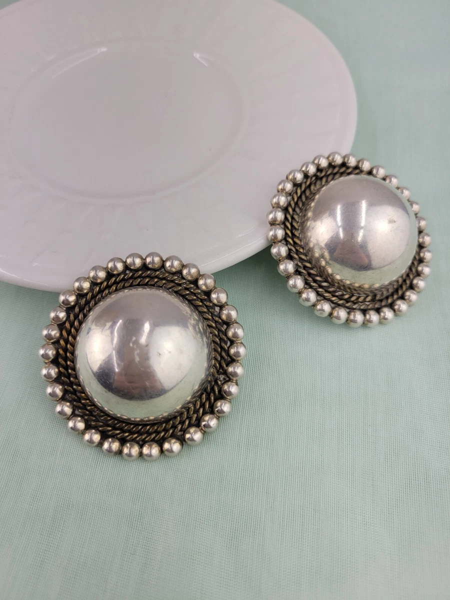 Vintage Taxco Mexico 925 Sterling Silver Large Domed Clip Earrings 67.8g