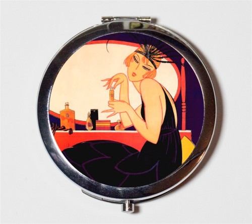 Flapper Perfume Art Deco Compact Mirror Make Up Pocket Mirror Cosmetics - Picture 1 of 2