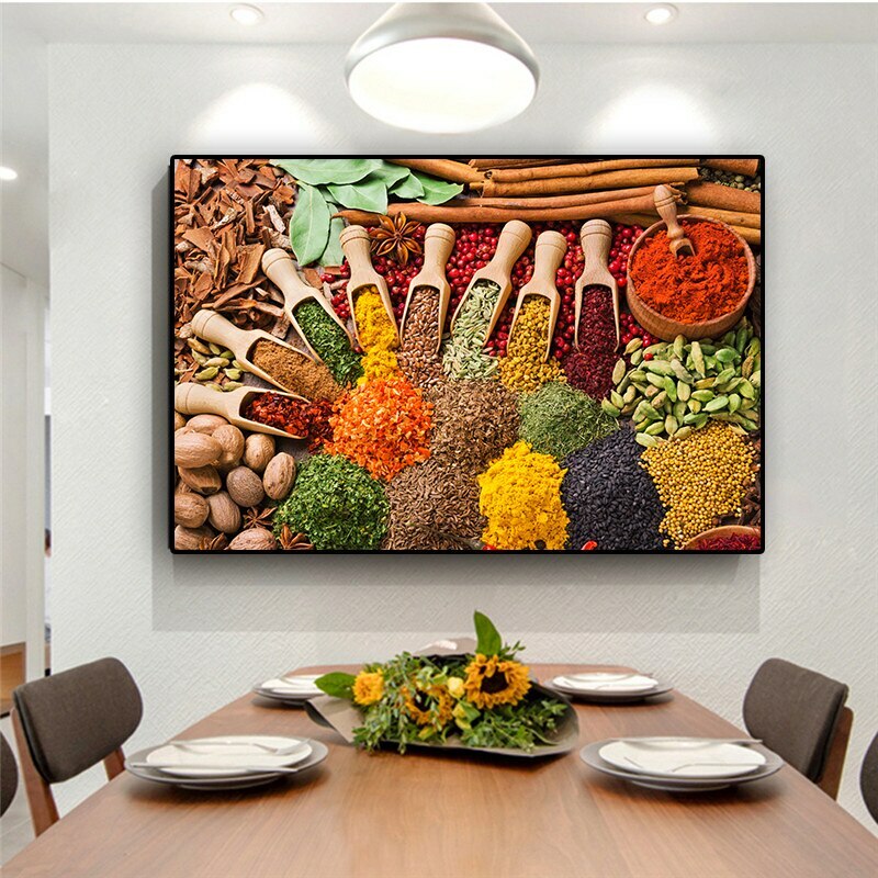 Kitchen Themed Wall Art Decor Vegetables and seasoning In Table Canvas  Paintings