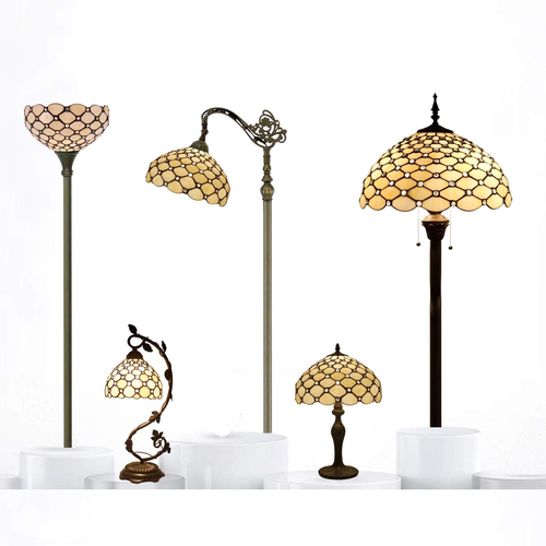 Tiffany Table Lamp Cream Stained Glass Pearl Style Desk Light with Metal Leaf Ba - Picture 8 of 8