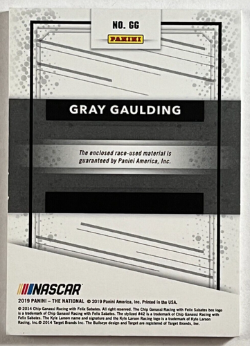 2019 GRAY GAULDING /10 PANINI THE NATIONAL RACE USED RELIC #1/10 - Picture 2 of 2