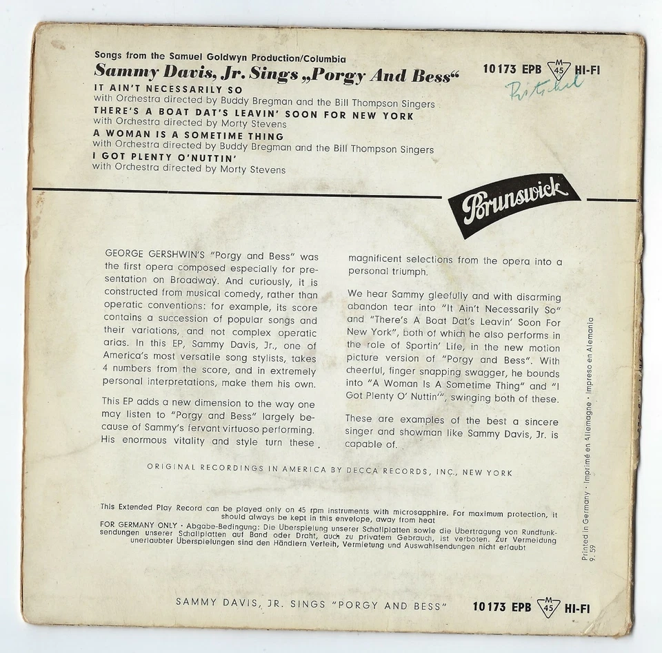 Sammy Davis Jr. sings PORGY AND BESS, Brunswick 10 173 EPB, Cover selten - Bild 2 von 4