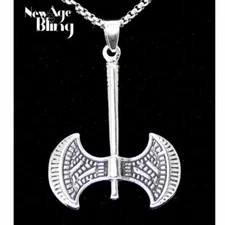 Double Bladed Viking Battle Axe Pendant Necklace Stainless Steel Chain 