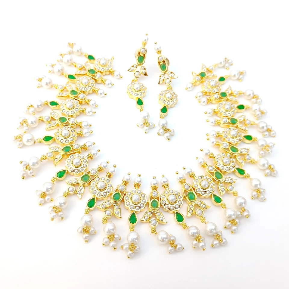 Juego de tachuelas y collar étnico nupcial boda estilo Kundan Polki verde esmeralda perla Foto 4 de 4