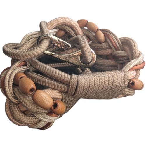 80s Macrame Belt Stretch 30-32" Earth Tones Satin Rope Wooden Beads VTG Boho - Picture 6 of 9