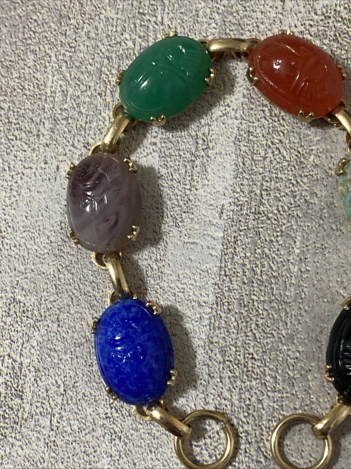 Vintage Carved Scarab Multi Glass Gemstone Link Bracelet Gold Plate NO CLOSURE - Image 2 of 4