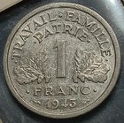 1943 France One Franc. AU or better,  Vichy Issue, Beautiful Coin. — photo 2