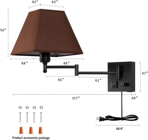 Swing Arm Wall Lamp.Plug in Wall Sconces with USB Port and AC Outlet.Sconces Wal - Bild 5 von 7
