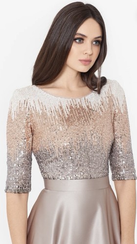 Betsy & Adam Quinn Mocha Beige Sz 14P Embellished Sequin Ball Gown Pockets $330 - Picture 2 of 7
